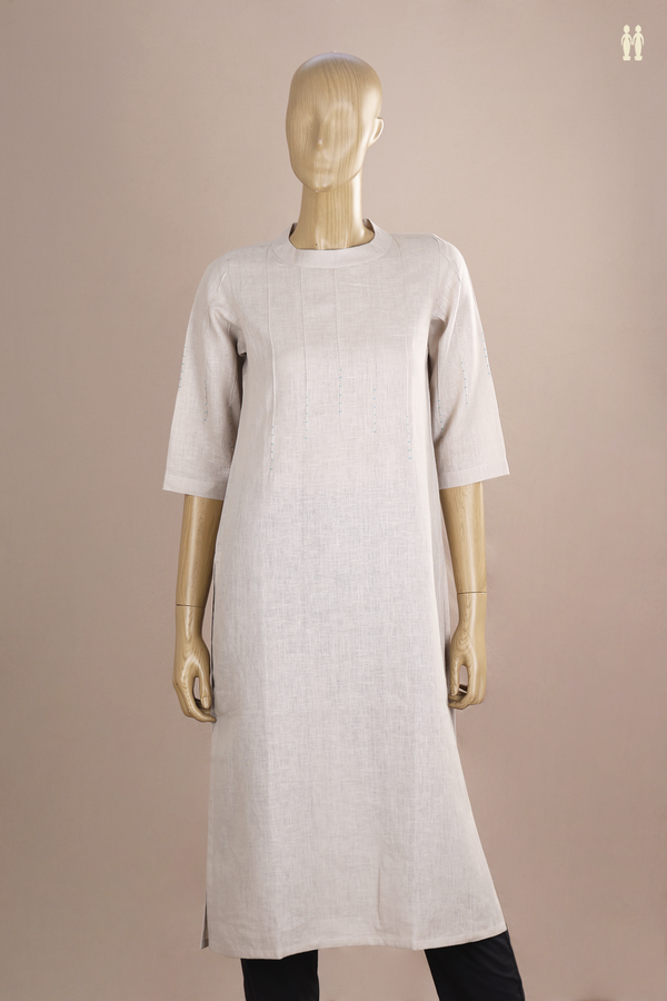 Chinese Neck Threadwork Design Light Grey Linen Long Kurta