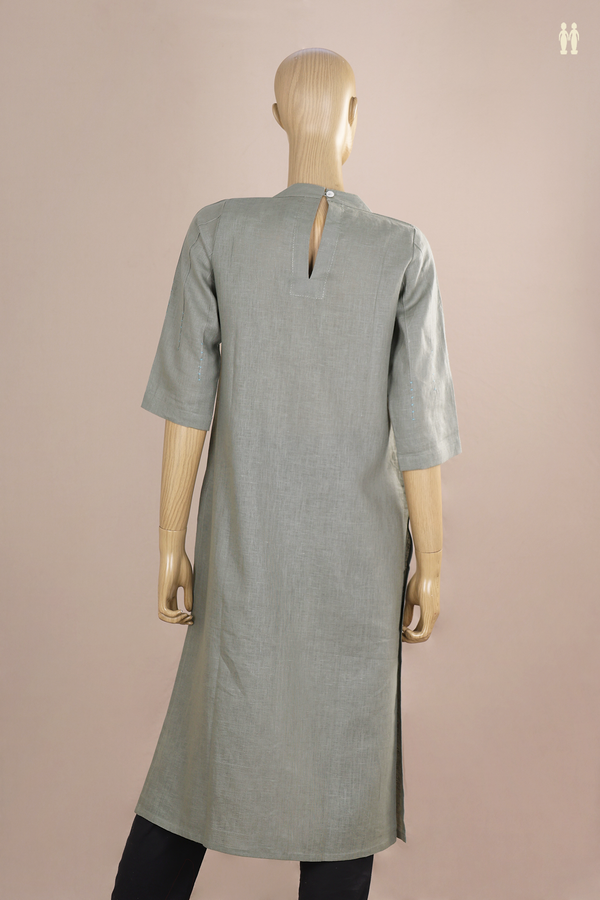 Chinese Neck Threadwork Design Sage Green Linen Long Kurta