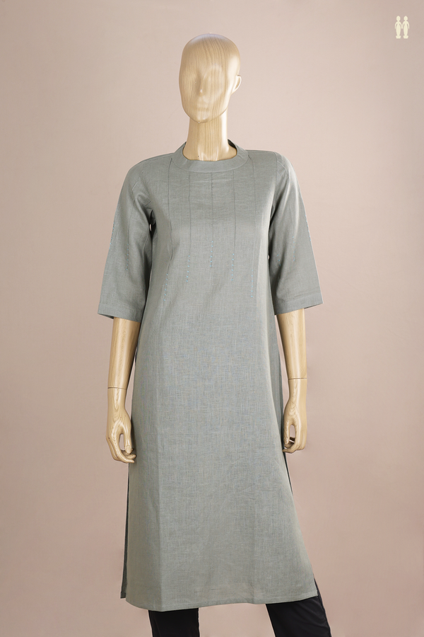 Chinese Neck Threadwork Design Sage Green Linen Long Kurta