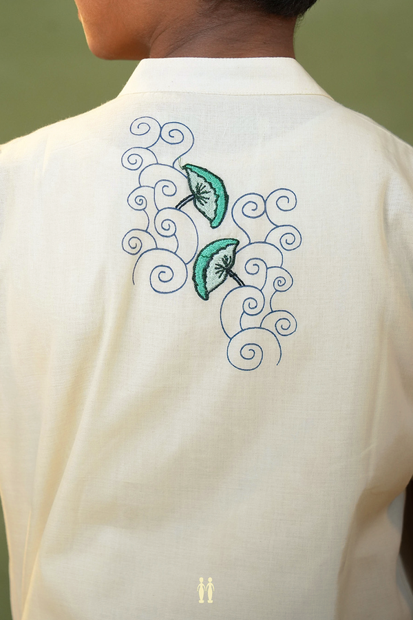Chinese Collar Printed Design White Kasavu Shirt