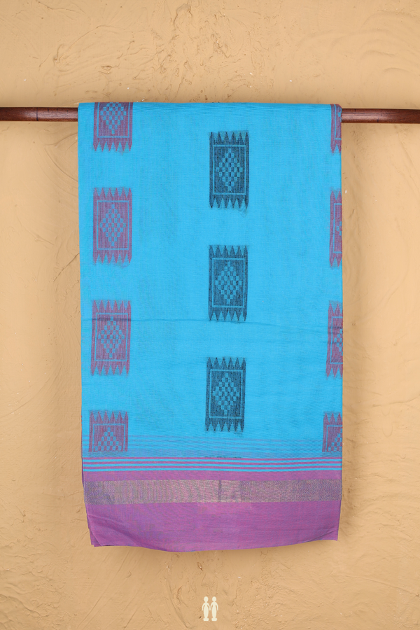 Coimbatore Cotton Saree Deep Sky Blue With Threadwork Motifs