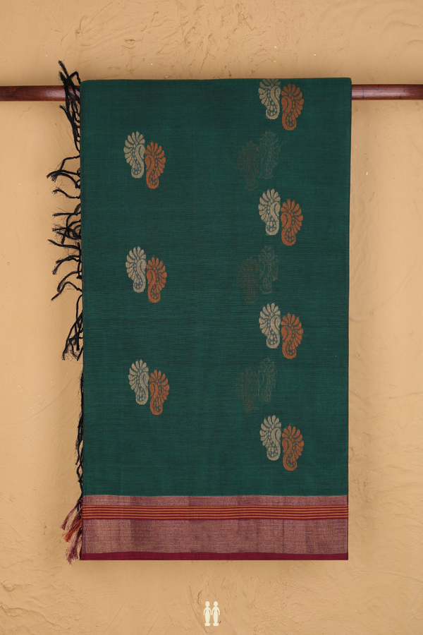 Coimbatore Cotton Saree Forest Green With Threadwork Motifs