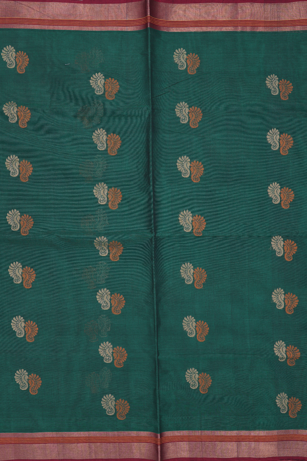 Coimbatore Cotton Saree Forest Green With Threadwork Motifs