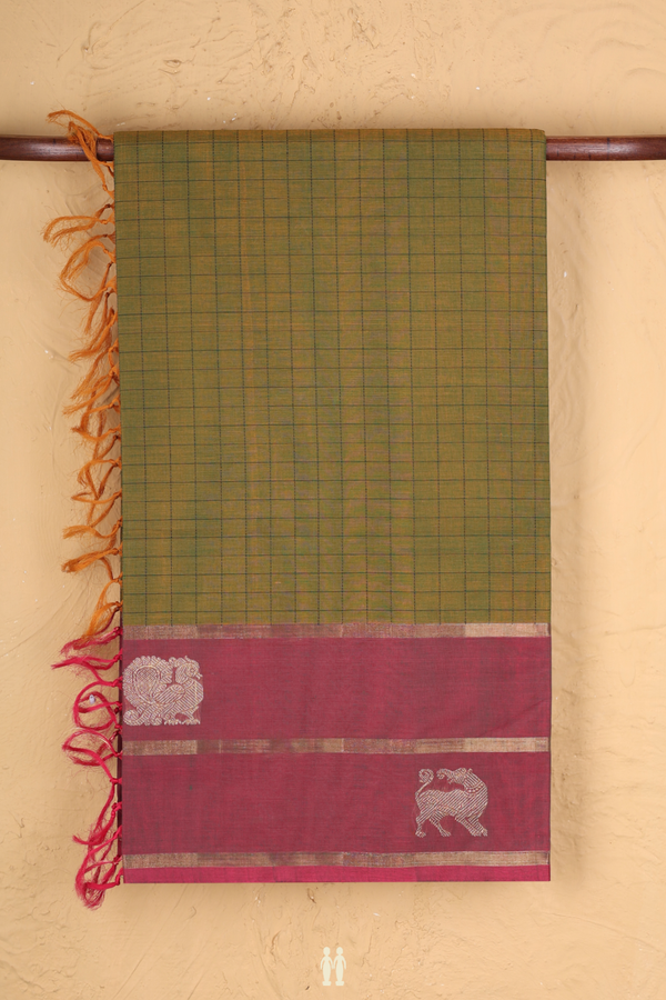 Coimbatore Cotton Saree Greenish Brown With Checks Design