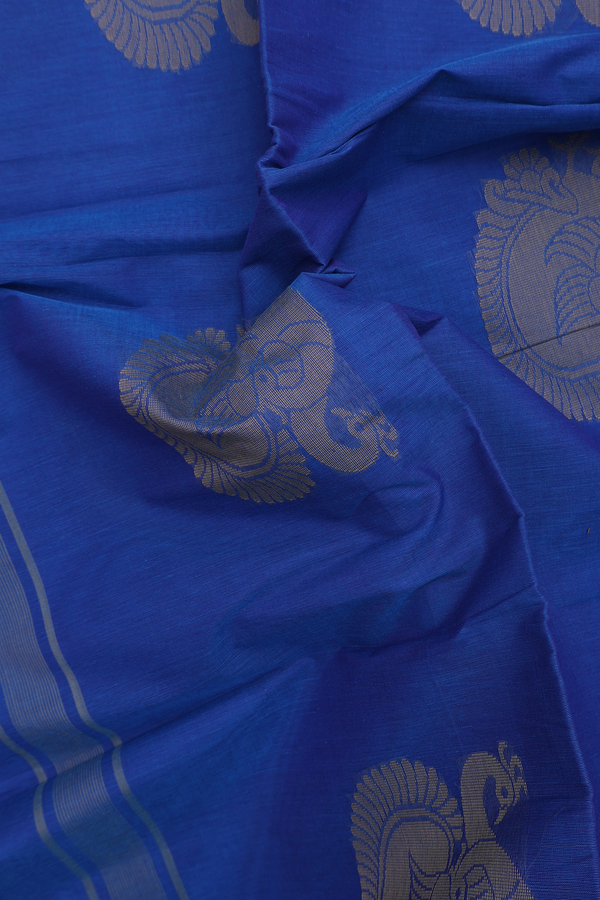 Coimbatore Cotton Saree In Blue With Peacock Motifs