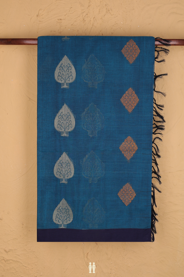 Coimbatore Cotton Saree In Blue With Threadwork Motifs