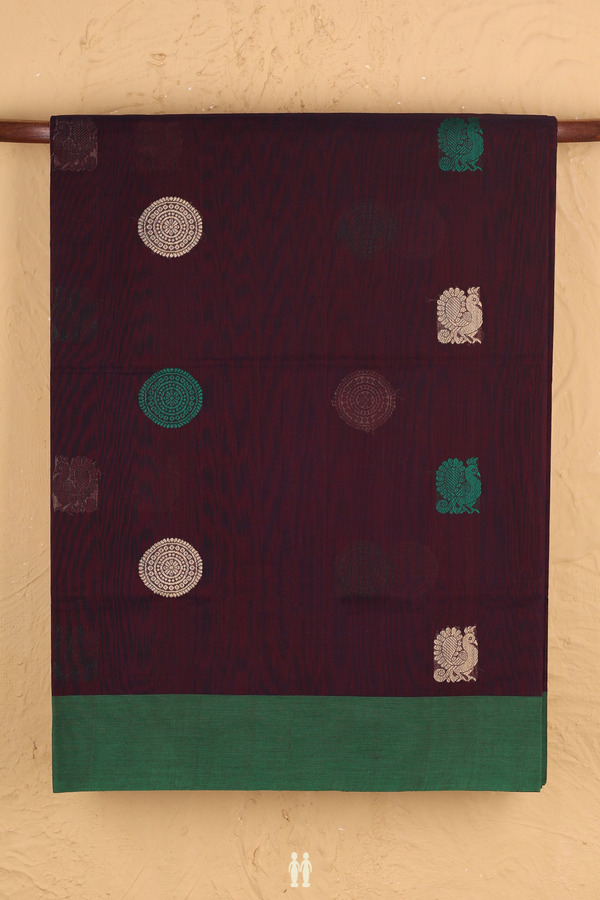 Coimbatore Cotton Saree In Brown With Peacock Buttas