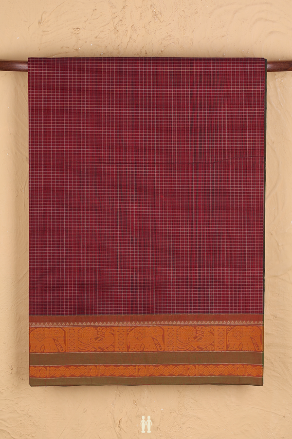 Coimbatore Cotton Saree In Burgundy Red With Checks Design