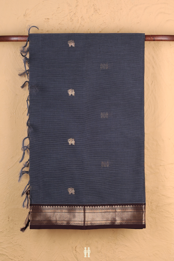 Coimbatore Cotton Saree In Charcoal Grey With Yali Buttas
