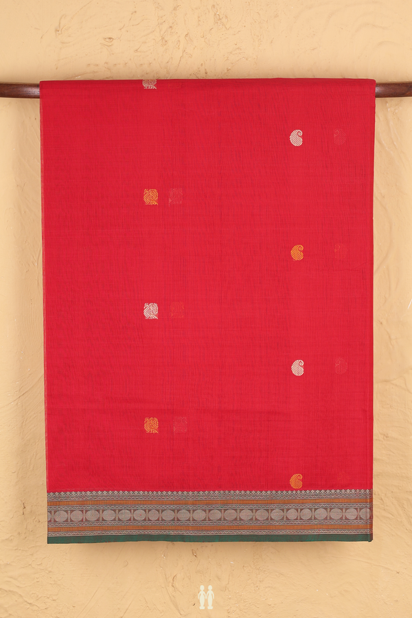 Coimbatore Cotton Saree In Chilli Red With Peacock Buttas