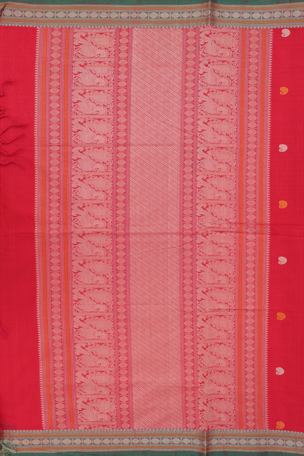 Coimbatore Cotton Saree In Chilli Red With Peacock Buttas