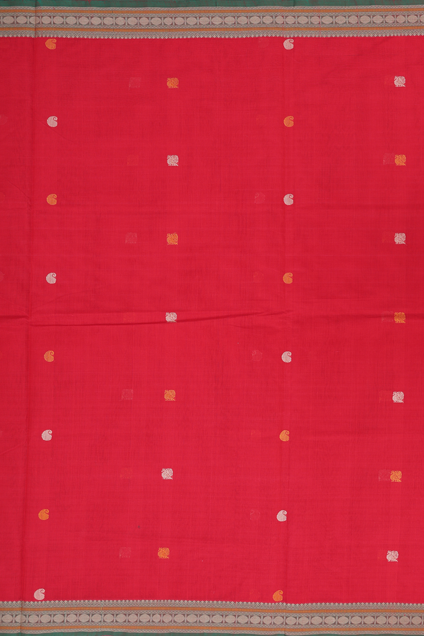 Coimbatore Cotton Saree In Chilli Red With Peacock Buttas