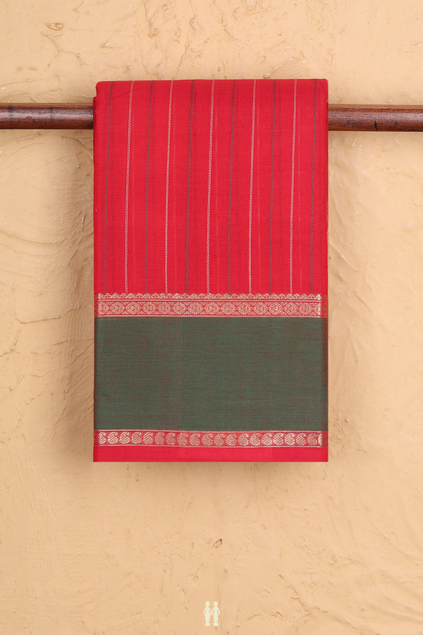 Coimbatore Cotton Saree In Chilli Red With Stripes Design