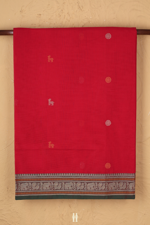 Coimbatore Cotton Saree In Chilli Red With Threadwork Buttas