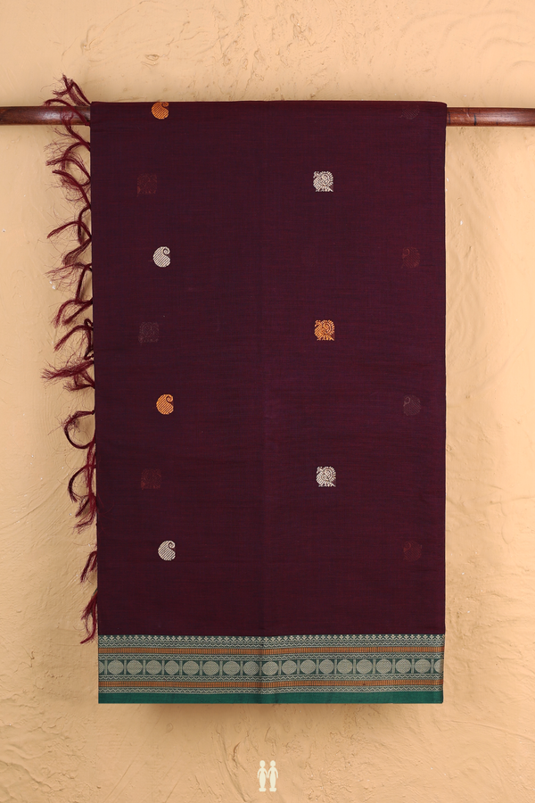Coimbatore Cotton Saree In Coffee Brown With Peacock Buttas