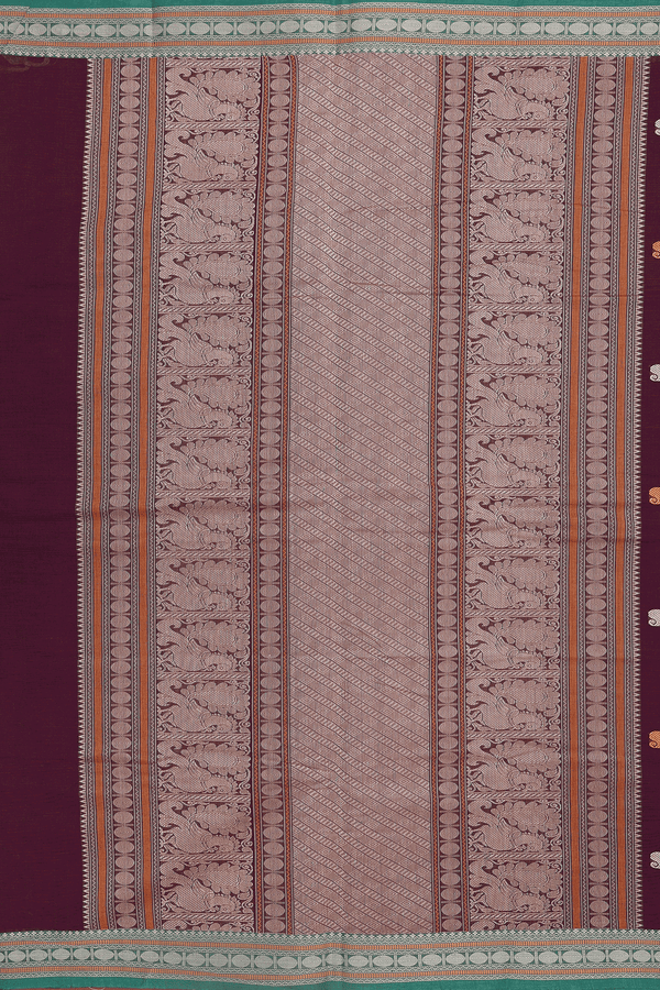 Coimbatore Cotton Saree In Coffee Brown With Peacock Buttas