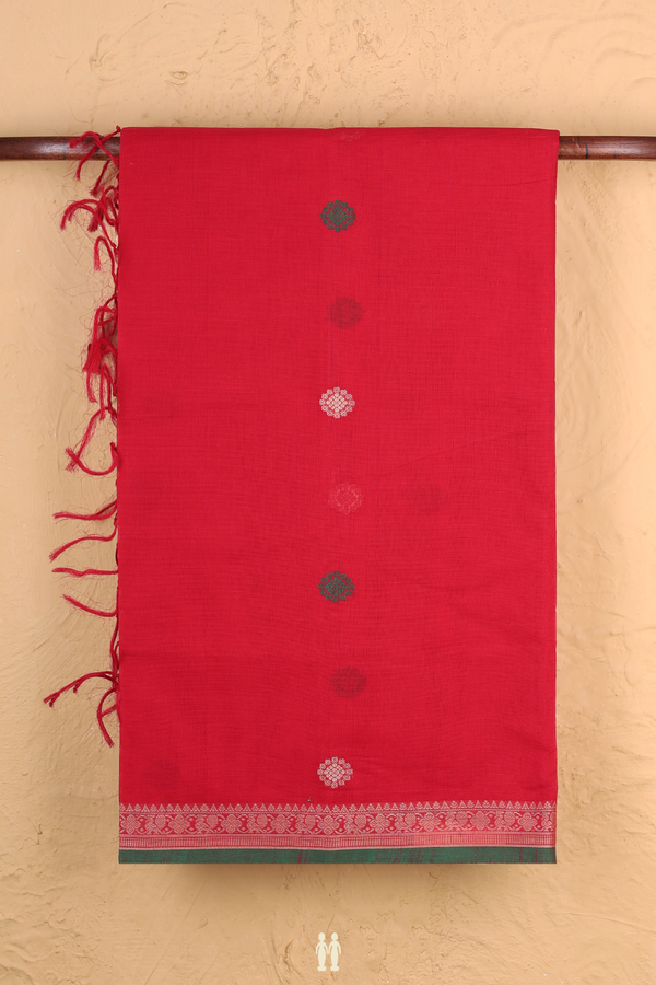 Coimbatore Cotton Saree In Crimson Red With Threadwork Buttas