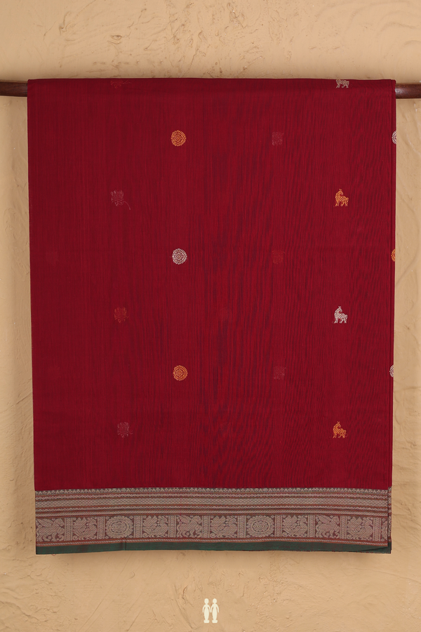 Coimbatore Cotton Saree In Crimson Red With Threadwork Buttas