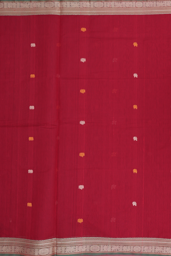Coimbatore Cotton Saree In Crimson Red With Threadwork Buttas