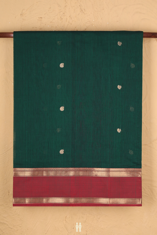 Coimbatore Cotton Saree In Dark Green With Paisley Buttas