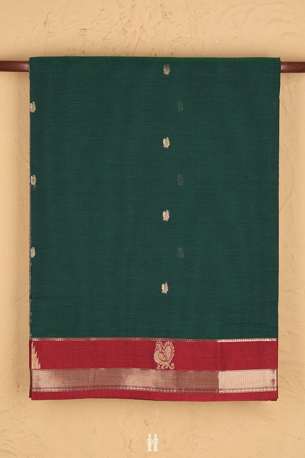 Coimbatore Cotton Saree In Dark Green With Peacock Buttas