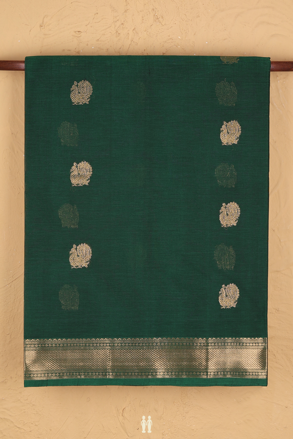 Coimbatore Cotton Saree In Dark Green With Peacock Buttas