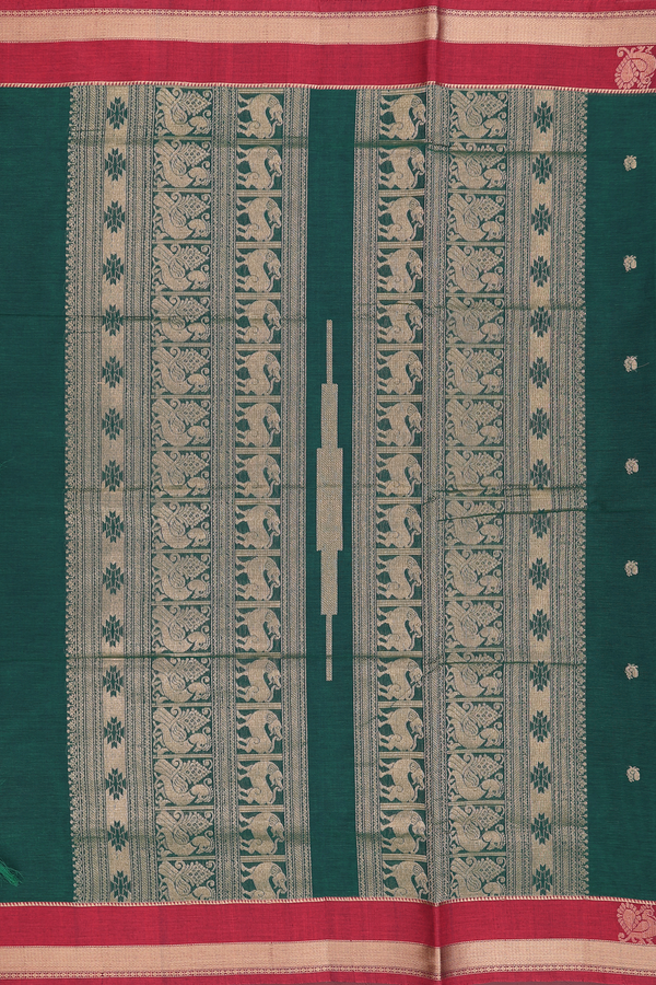 Coimbatore Cotton Saree In Dark Green With Peacock Buttas