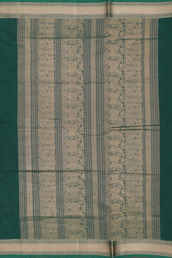 Coimbatore Cotton Saree In Dark Green With Peacock Buttas