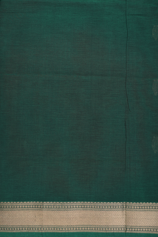 Coimbatore Cotton Saree In Dark Green With Peacock Buttas