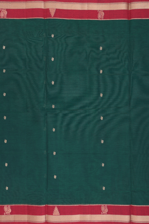 Coimbatore Cotton Saree In Dark Green With Peacock Buttas