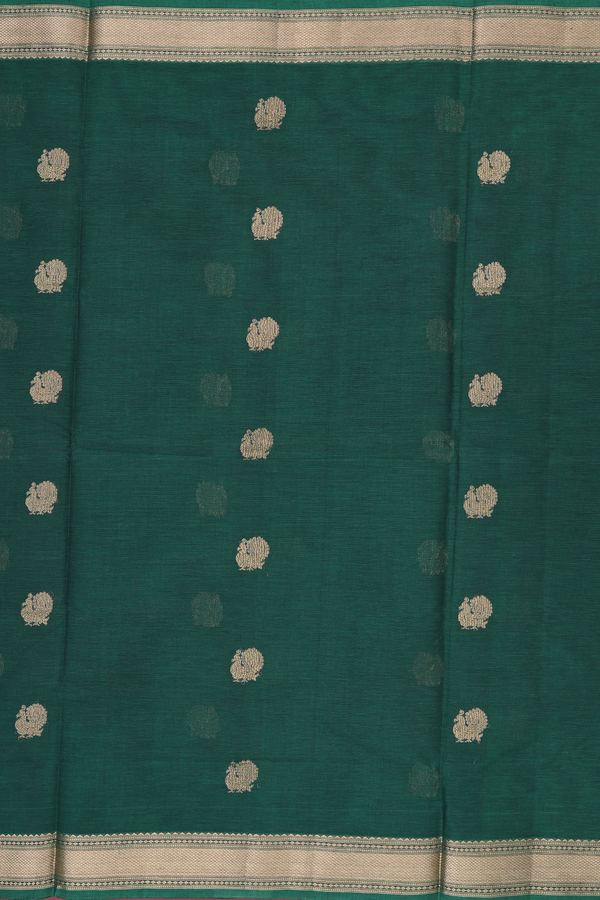 Coimbatore Cotton Saree In Dark Green With Peacock Buttas