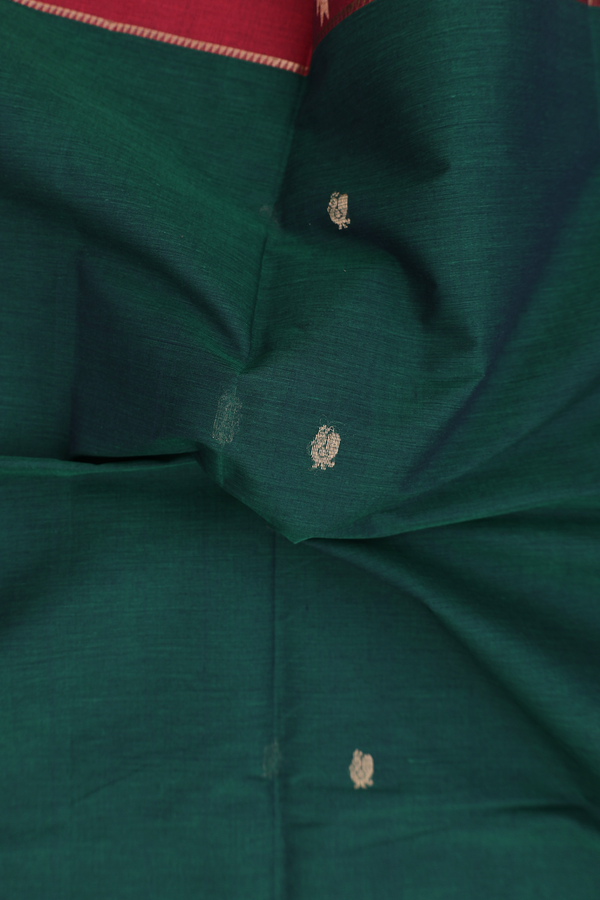 Coimbatore Cotton Saree In Dark Green With Peacock Buttas