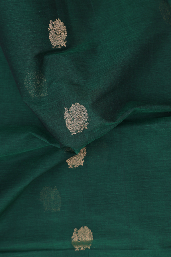 Coimbatore Cotton Saree In Dark Green With Peacock Buttas