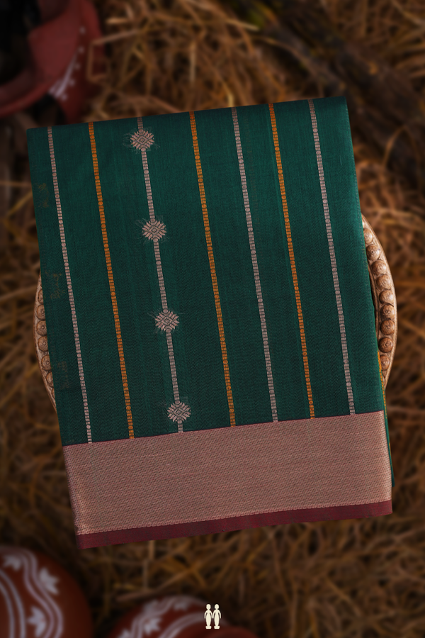 Coimbatore Cotton Saree In Dark Green With Threadwork Design