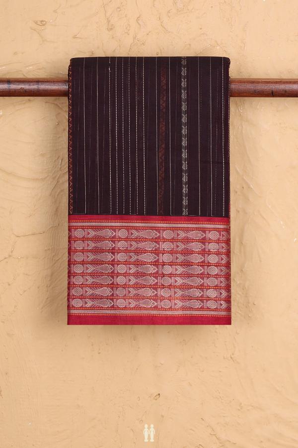 Coimbatore Cotton Saree In Dark Oak Brown With Stripes Design