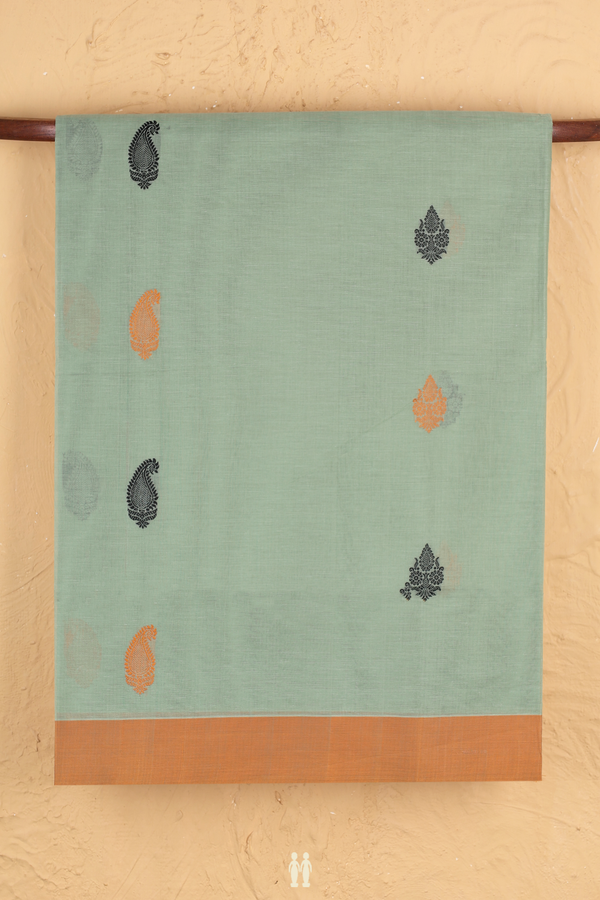 Coimbatore Cotton Saree In Dusty Green With Paisley Buttas