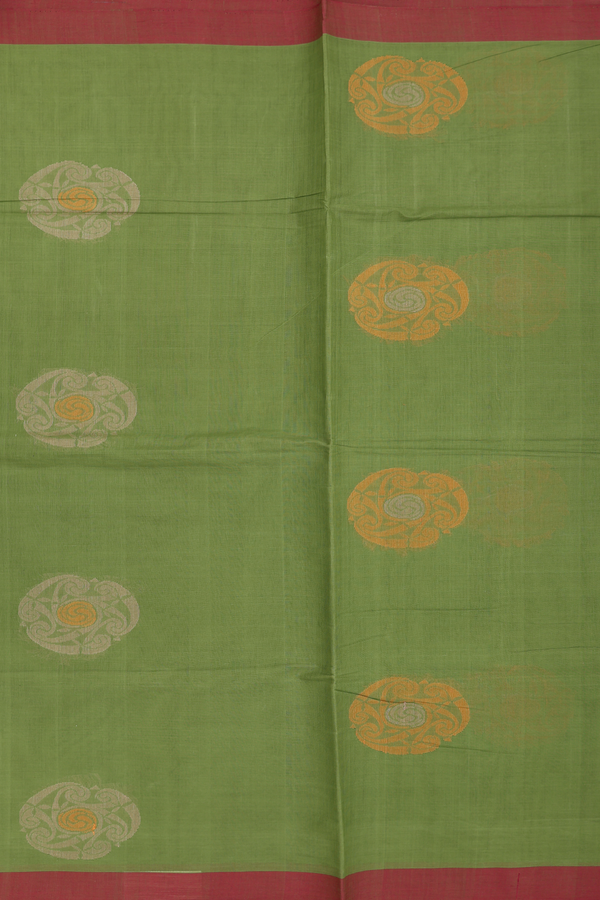 Coimbatore Cotton Saree In Fern Green With Threadwork Motifs