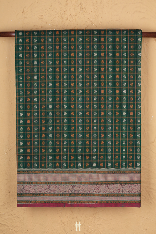 Coimbatore Cotton Saree In Forest Green With Checks Design