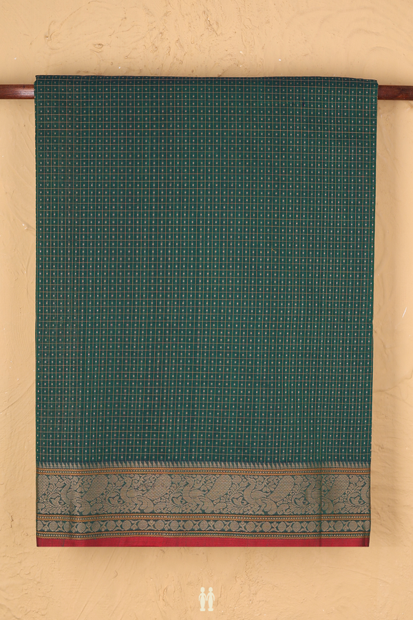 Coimbatore Cotton Saree In Forest Green With Checks Design