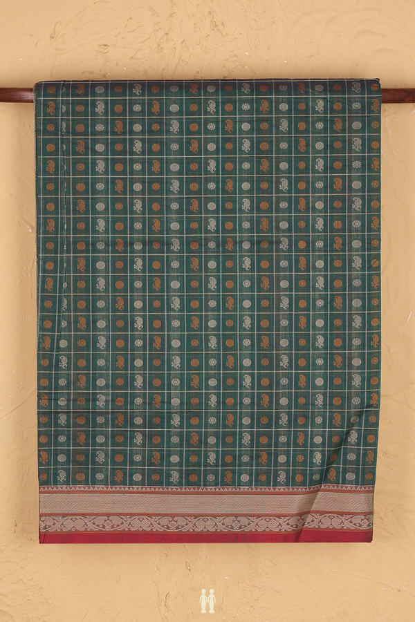Coimbatore Cotton Saree In Forest Green With Checks Design