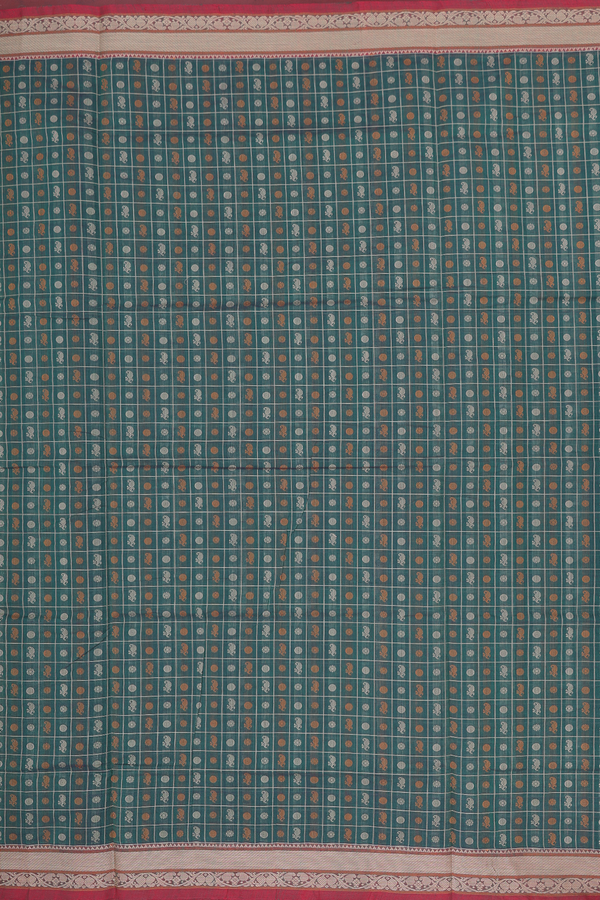 Coimbatore Cotton Saree In Forest Green With Checks Design