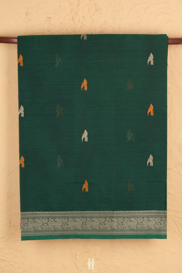 Coimbatore Cotton Saree In Forest Green With Peacock Buttas
