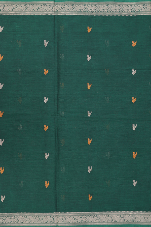 Coimbatore Cotton Saree In Forest Green With Peacock Buttas