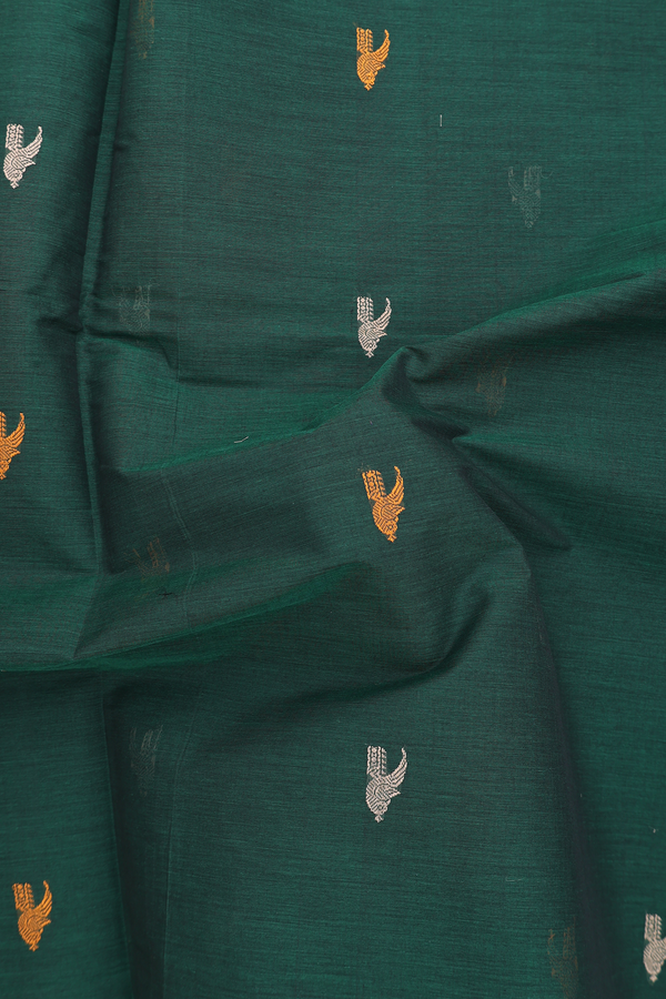 Coimbatore Cotton Saree In Forest Green With Peacock Buttas