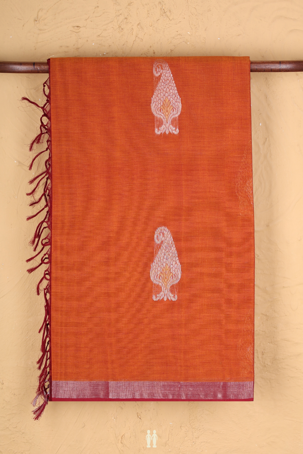 Coimbatore Cotton Saree In Ginger Orange With Zari Motifs