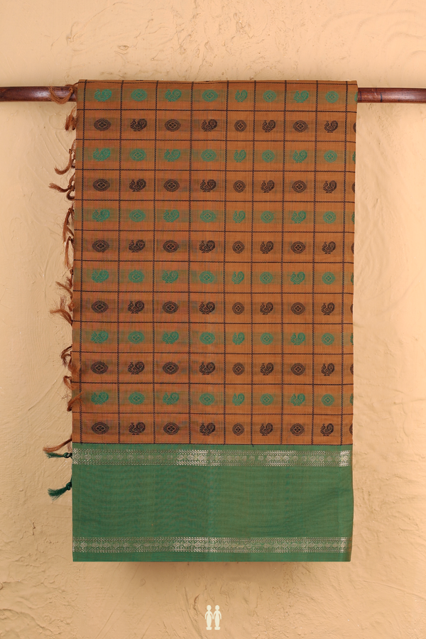 Coimbatore Cotton Saree In Golden Brown With Checks Design