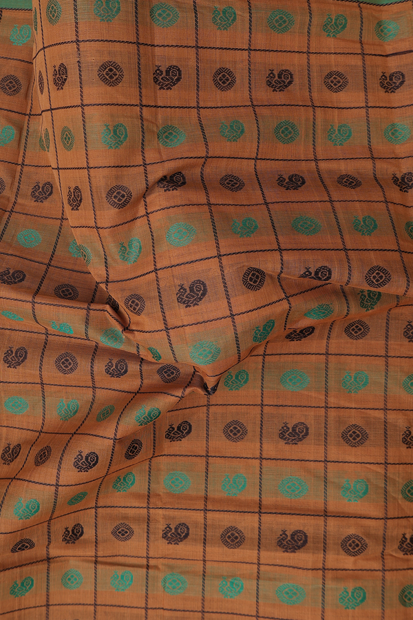 Coimbatore Cotton Saree In Golden Brown With Checks Design