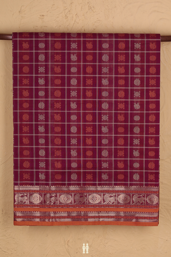 Coimbatore Cotton Saree In Grape Purple With Checks Design