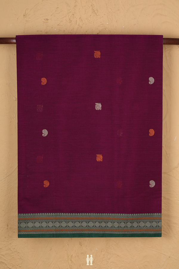 Coimbatore Cotton Saree In Grape Purple With Peacock Buttas
