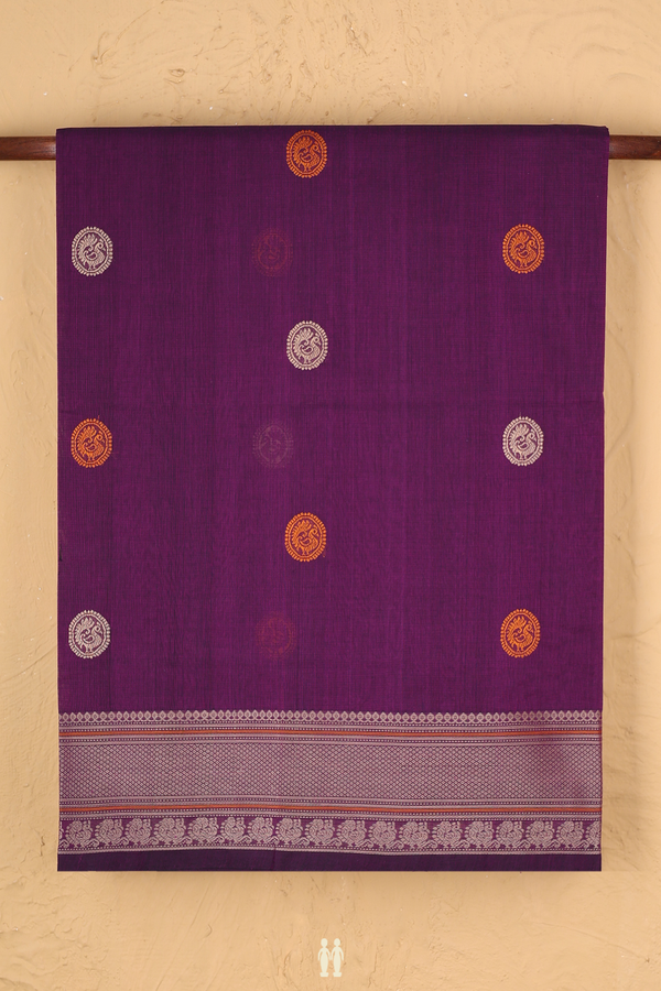 Coimbatore Cotton Saree In Grape Purple With Peacock Buttas